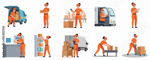 Cartoon Delivery Woman Character in Various Poses and Situations Illustration