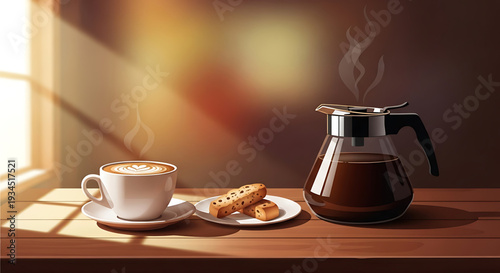 A warm and inviting illustration of a coffee setup on a wooden table by a sunny window