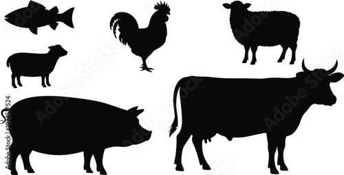 Farm animal silhouettes collection including cow, pig, sheep, rooster and fish isolated on white background, agriculture livestock vector set