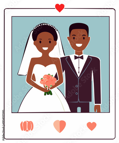 Illustration of African American bride and groom in vintage-style polaroid wedding portrait