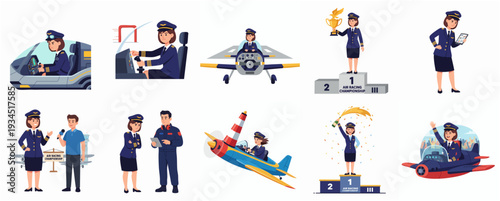 Cute Cartoon Style Set of Female Pilot Character in Various Scenes