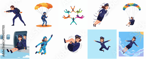 Illustrated Collection Skydiving Jumps Various Action Scenes in the Sky Fun Activities
