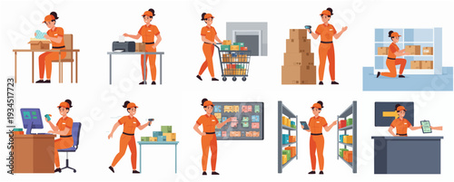 Flat Illustration Warehouse Woman Activity Logistics and Inventory Management Concept