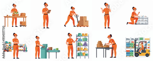 Flat Style Diverse Female Warehouse Worker Character with Various Activities