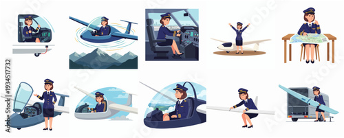 Set of Flat Cartoon Young Woman Aircraft Pilot Character in Different Poses Illustration