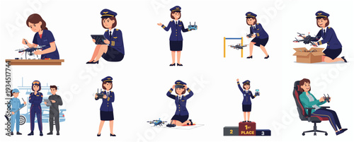 Illustrated Diverse Woman Drone Pilot Activity Poses in Various Situations