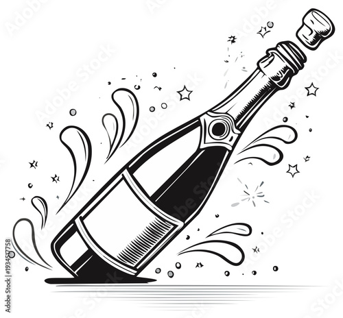 Champagne bottle opening with splash and stars celebratory illustration