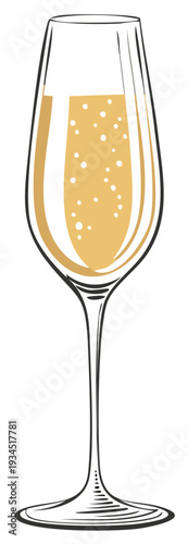 Elegant hand drawn champagne flute with golden sparkling wine illustration
