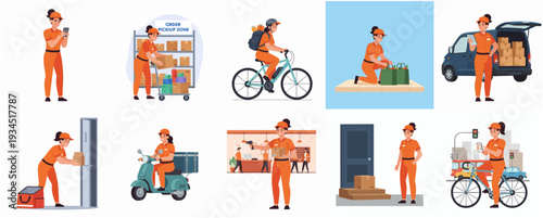 Cartoon Style Diverse Delivery Person Character Doing Various Job Illustration