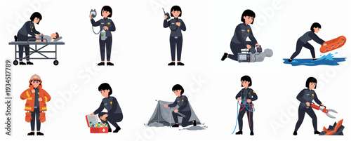 Flat Design Emergency Responder Female Character Poses and Actions Illustration Set