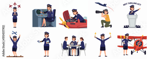 Cute Cartoon Pilot Woman Profession Activity Pose Set Illustration