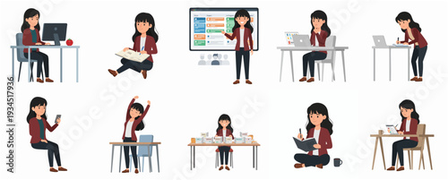 Diverse Flat Woman Character Illustration Set with Different Activity and Pose