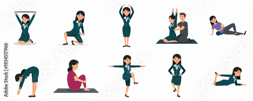 Flat Cartoon Illustration of Businesswoman Doing Yoga in Office for Wellness