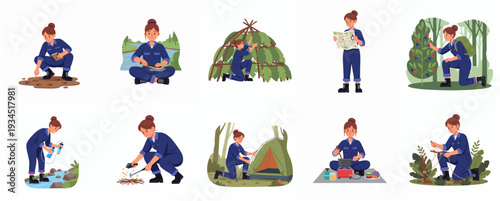 Detailed Flat Illustration Various Survival Skill Activity With Female Character
