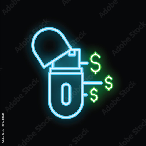 Neon usb flash drive generating money with dollar signs symbolizing online business and earnings