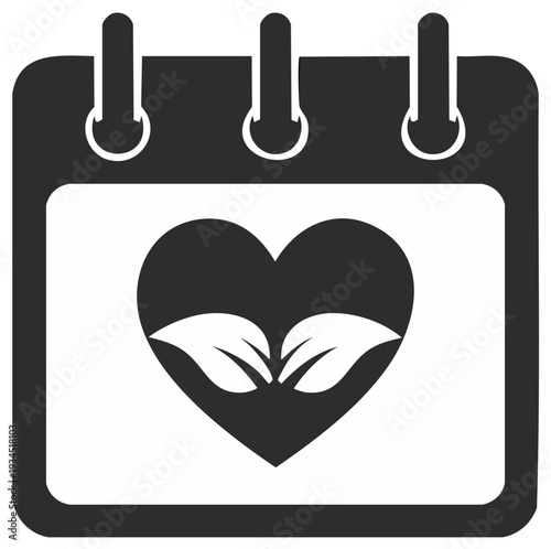 Simple dark gray calendar icon with white heart and leaves design symbolizing health and love appointments