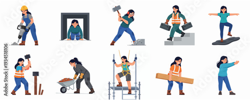 Diverse Set of Female Construction Worker Character in Various Poses Illustration