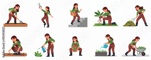 Cute Cartoon Style Set of Woman Gardening Activity Illustration