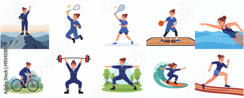 Flat Illustration Set Showing Young Woman Doing Different Sports Activities