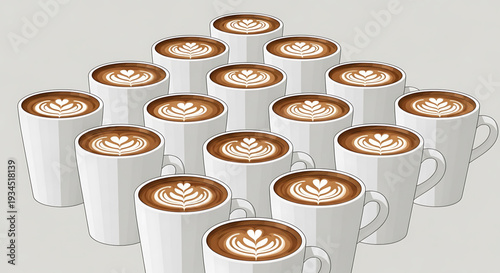 A vector graphic illustration of a pyramid of white coffee cups with latte art on a plain background