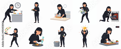 Simple Flat Style Young Woman Chef Cooking Various Activities Illustration Set