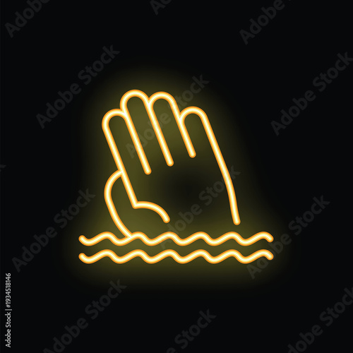 Neon glowing sign of a hand reaching up from water, symbolizing rescue, hope, and survival