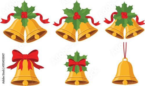 Festive Christmas Bells with Holly and Red Ribbon – Traditional Holiday Icons