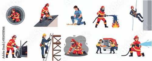 Illustrated Professional Firefighter Character In Various Situation Pose and Emergency Response Occupation