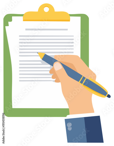 Writing on clipboard form with pen in hand, business or medical report and record keeping