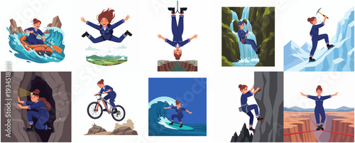 Diverse Flat Illustration of a Businesswoman Engaging in Various Extreme Sport Activities