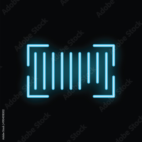 Glowing blue neon barcode scanner reading lines icon on a black background