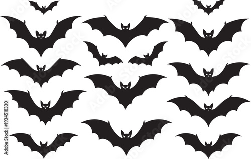 Large Group of Halloween Flying Bats Silhouette with Scary Faces, Black Vampire Creatures Swarm in Night Sky, Spooky Vector Illustration Pack
