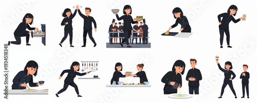 Detailed Flat Chef and Cook Profession in Action Character Set Illustration