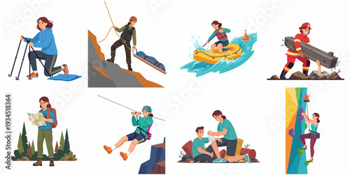 Illustrated Set of Man Characters Exploring and Investigating with Flashlight in Various Scenarios