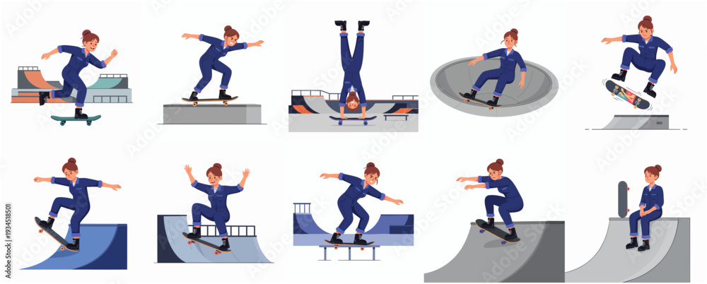Fototapeta premium Flat Style Diverse Skateboarder Characters Doing Various Stunts in Skatepark Scenes