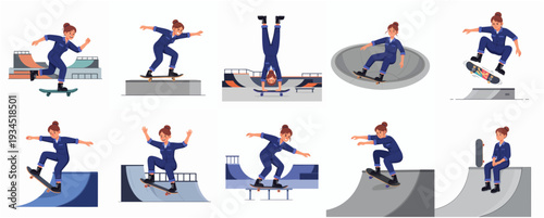 Flat Style Diverse Skateboarder Characters Doing Various Stunts in Skatepark Scenes