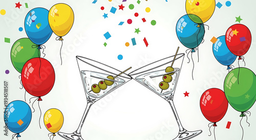 A colorful vector illustration of two martini glasses surrounded by balloons and confetti, celebrating a party or special occasion.