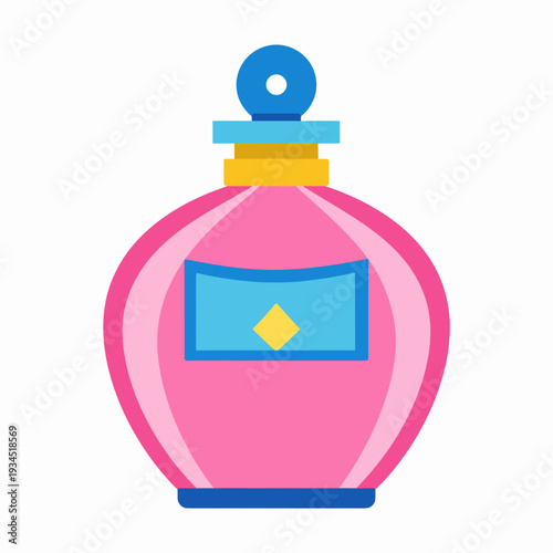 Dynamic illustration of a pink cartoon perfume bottle with blue neck and decorative cap, displayed on a white backdrop, captured from a frontal perspective, highlighting vibrant design details