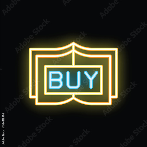 Bright neon buy sign is glowing, indicating buying decisions and online shopping