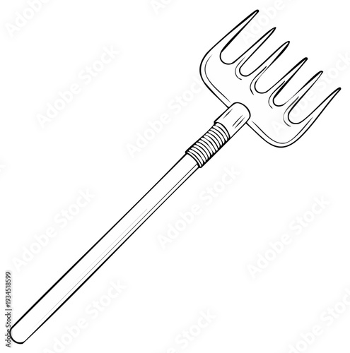 Outline drawing of a garden pitchfork with a long handle and tines