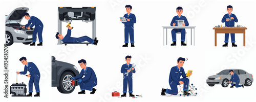 Flat Style Detailed Auto Mechanic Character In Different Poses Illustration