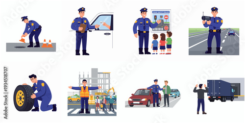 Flat Illustration Police Officer Character Working in Various Situations Set