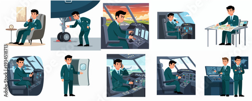 Flat Illustration Man Pilot Activities Set Profession and Aviation Theme