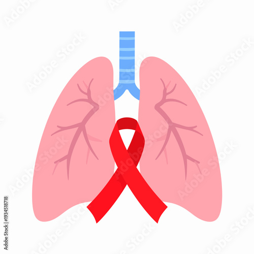 Illustrated lung cancer awareness scene showing cartoon pink lungs wrapped with a red ribbon in a white studio setting, viewed from a frontal perspective highlighting health education
