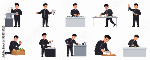 Cartoon Handdrawn Professional Cook Man Character in Different Situations Illustration