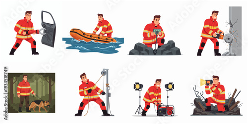 Pixelated Detailed Rescuer Character Doing Different Actions Professionally Illustration