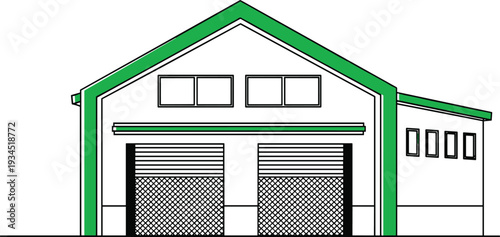 Industrial warehouse building exterior illustration, modern factory storage facility with loading doors in green flat design style