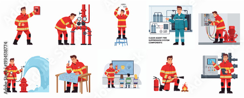 Flat Style Different Activity Fireman Firefighter Job and Equipment Illustration