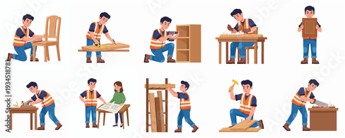 Cartoon Style Worker in Various Furniture Building Poses and Activities Illustration