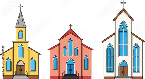 Set of Christian Church Buildings with Cross Towers and Colorful Facades Religious Architecture Vector Illustration Isolated on Light Background